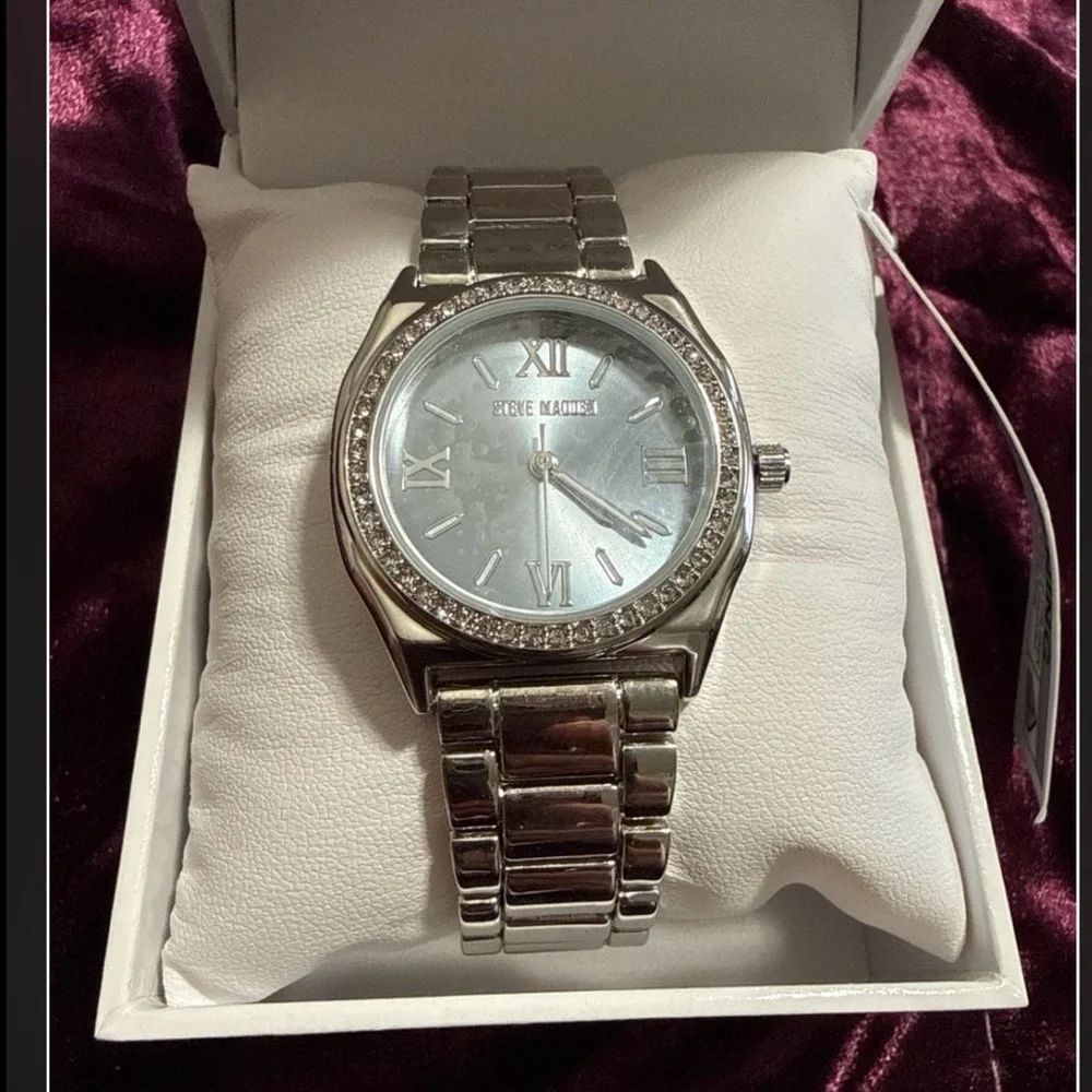 Steve Madden Silver Crystal-Trim Mother-of-Pearl Dial Watch